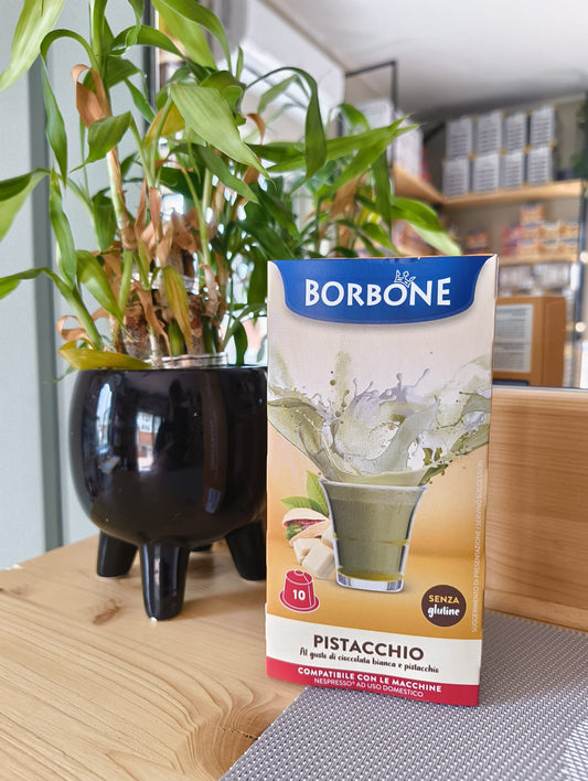 10 Capsule Borbone COMPATIBILI con macchine Nespresso® ad uso domestico - Bevanda al gusto di cioccolato bianco e PISTACCHIO